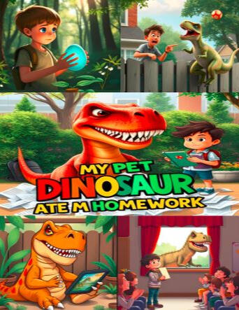 If you're looking for a delightful story packed with humor, adventure, Engaging for young readers, Dinosaur fiction, Elementary school tales, Dinosaur story for kids, Homework adventure, Imaginative storytelling, Children's story, Animal-themed book, Class
